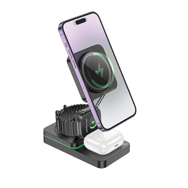 Încărcător wireless hoco. 3 în 1, 15W, pliabil, negru