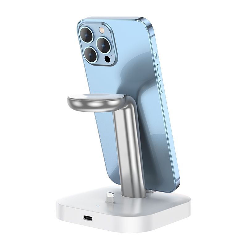 Incarcator wireless Hoco CW43 3-in-1 Lightning alb pentru iPhone AirPods si Apple Watch