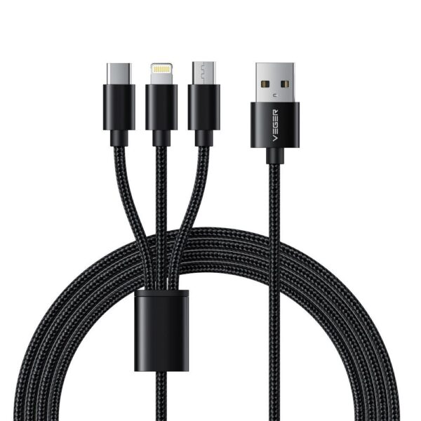 Cablu date 3 in 1 Veger, USB-A la USB C / Lightning / Micro-USB, 1.2 m, negru