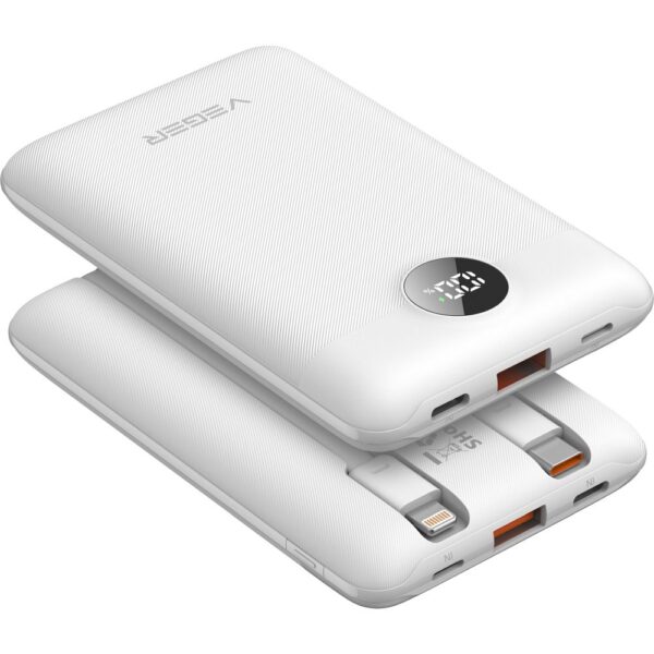 PowerBank VEGER 22.5W, 10.000 mAh, cu cabluri încorporate,  alb