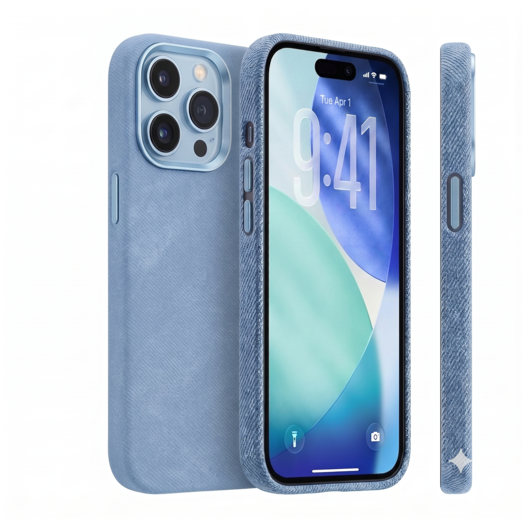husa denim albastru deschis iphone 16 pro