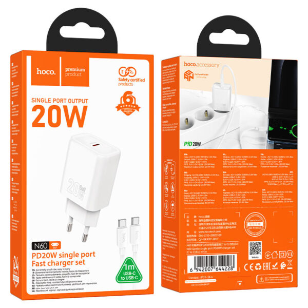 Încărcător telefon USB-C + cablu USB-C la USB-C, PD QC 20W, 1 m, Hoco N60, alb
