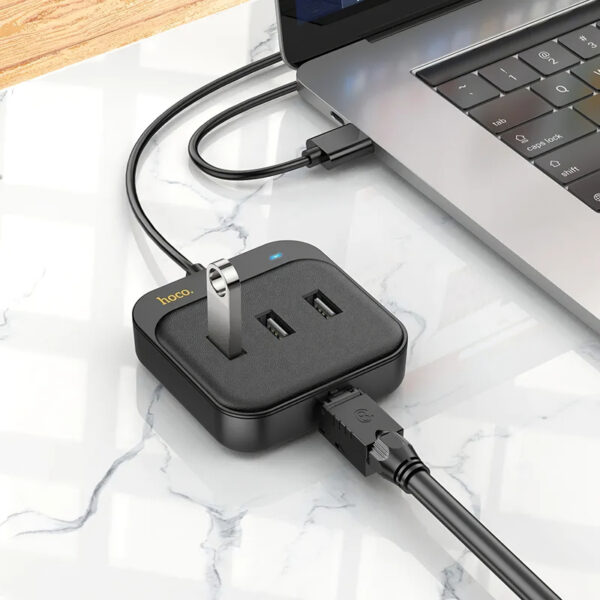 Hub 4în1 hoco. USB-A cu 3 x USB-A si 1 x RJ45, 1.2 m, negru