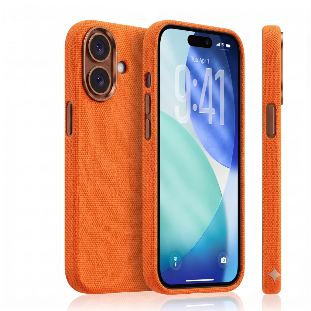 husa denim portocalie iphone 16 plus