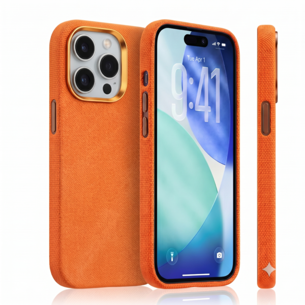 Husă protecție Premium Denim, textură blug, protecție camere, compatibilă MagSafe iPhone 16 Pro, MegaMobile®, portocalie