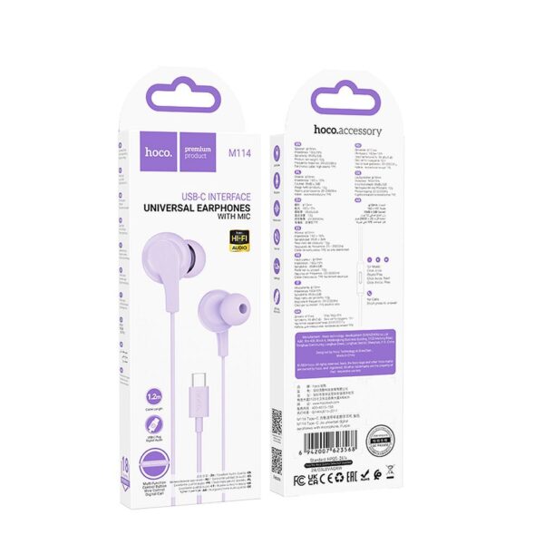 Căști cu fir hoco. USB-C, controler si microfon pe fir, 1.2m, violet (M114)