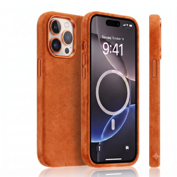 Husă protecție Premium Alcantara, pufoasă, moale, protecție camere, compatibilă MagSafe iPhone 16 Pro Max, MegaMobile®, portocalie