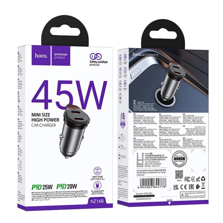 incarcator auto Hoco NZ16B dual usb-c gri metalizat