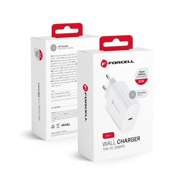 Încărcător rețea Forcell USB C, QC4.0, PD 3A, 25W, Alb