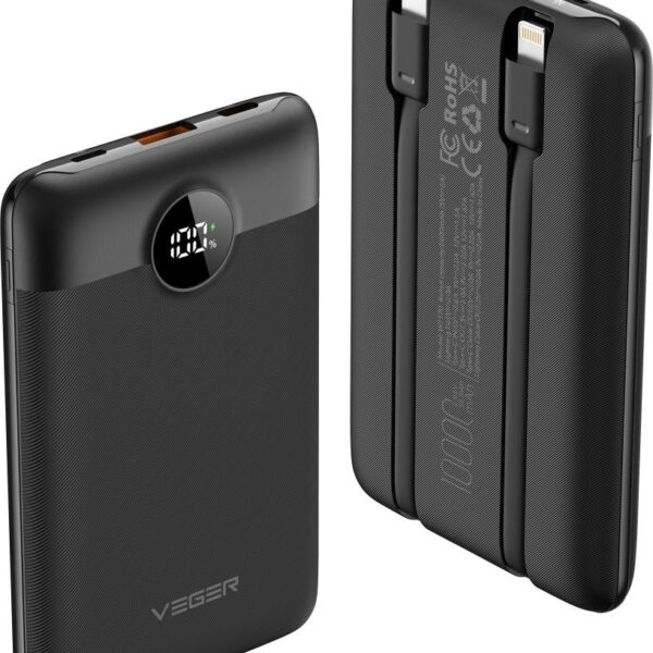 Baterie externă VEGER 10.000 mAh cu cabluri încorporate Tip C / Lightning PD QC3.0 2A 22.5W, C11 (W1170), negru