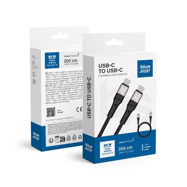 Cablu USB-C la USB-C Blue Star, 3A, 60W, PD QC4.0, împletit, 2m, TFK-DC-004, negru