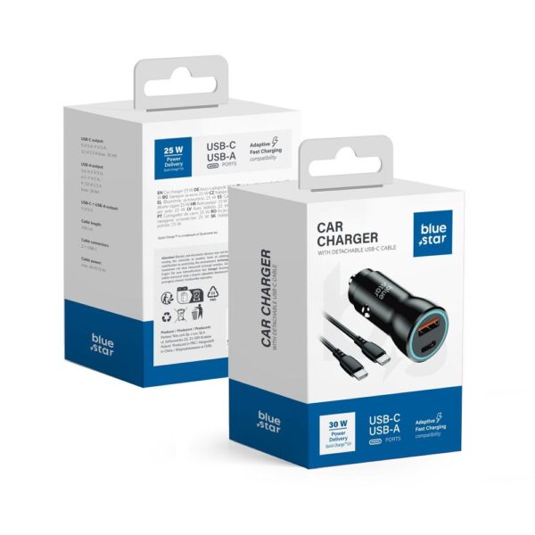 Încărcător auto Blue Star USB C + USB A QC3.0 PD AFC PPS 3A 30W + cablu USB C la USB C, negru