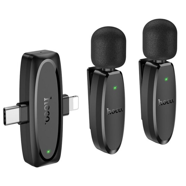 Set Microfon Lavalier Wireless hoco. L15, Lightning și USB-C, negru