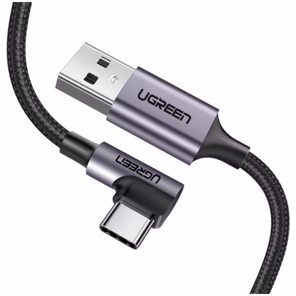 Cablu alimentare și date Ugreen, Fast Charging, USB-A la USB-C, 3A, Angled 90° braided, 2m, negru