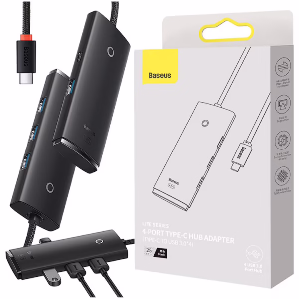 Adaptor HUB Baseus Lite, cu 4 porturi, 1 x HUB USB-C, 4 x USB-A 3.0, 100 cm cablu, negru