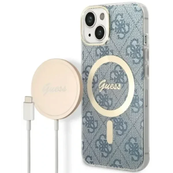 Husă de protectie Guess 4G Print Magsafe cu incarcator Wireless pentru iPhone 14 Pro Max, albastru