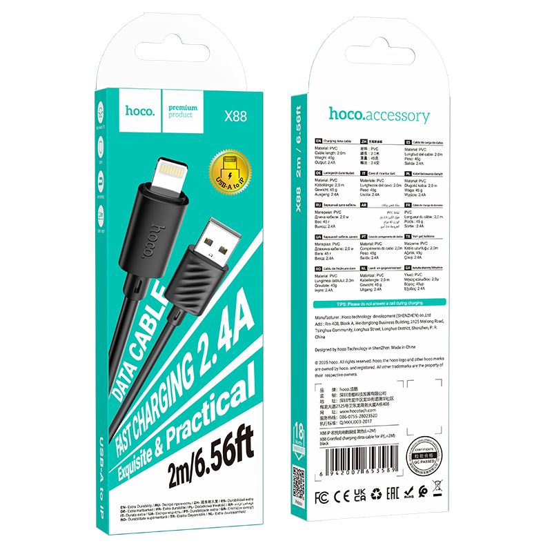 68e931dc47f8c42577fc270090405482 cablu Lightning Hoco X88 USB-A negru 2m