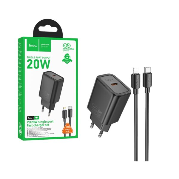 Incarcator telefon Hoco N60 20W Lightning negru cu cablu USB-C inclus
