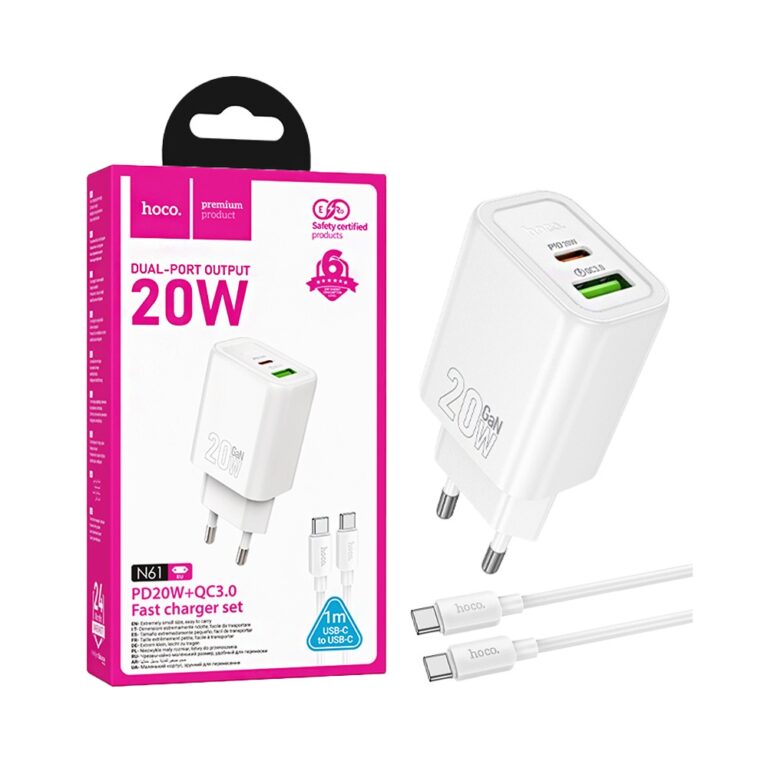incarcator telefon hoco 20w n61 alb megamobile adaptor priza 20w dual port usb c pd qc 3.0 cablu inclus