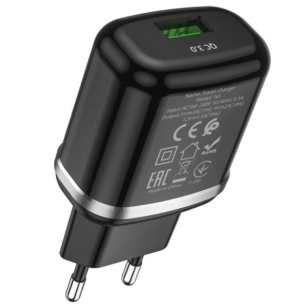 Încărcător de telefon USB A QC3.0 3A 18W, N3, negru