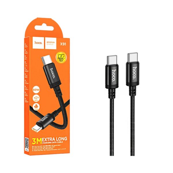 Cablu date și încărcare USB-C la USB-C, PD, 3A, 60W, X91, 3m, negru