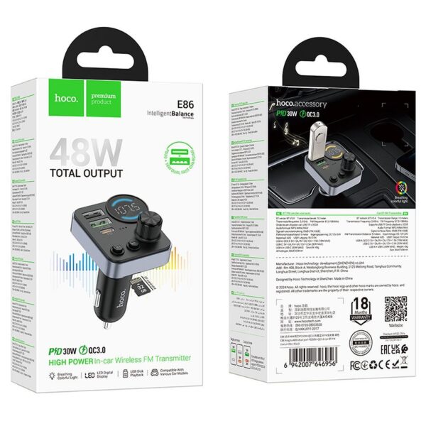 Transmițător  / modulator FM auto Bluetooth hoco. 2 x USB A + USB C QC3.0 PD 48W E86 negru