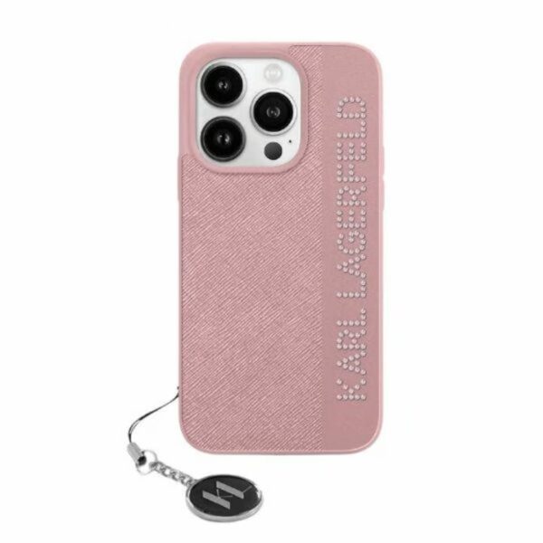 Husa Karl Lagerfeld Saffiano Rhinestones iPhone 15 Pro Max roz