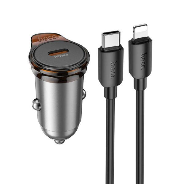 Încărcător auto USB-C QC PD 30W + cablu USB-C la Lightning, Hoco  NZ16,  gri metalic